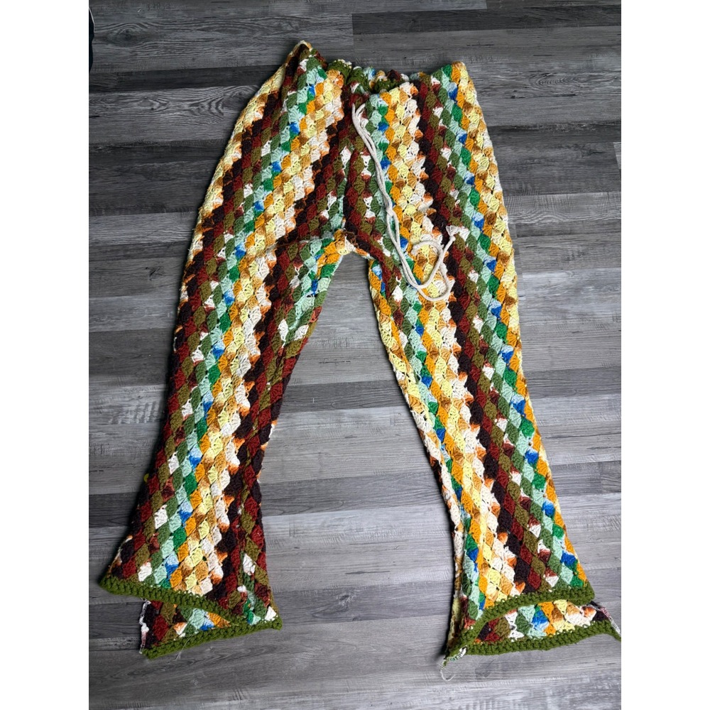 Handmade Crochet Granny Square Pants Multicolor Wide Leg Boho Festival Pants